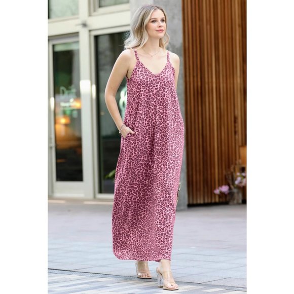 Zenana Maxi boho elegant French Terry Dress, S,M,L,XL, Cranberry Leopard - Picture 1 of 4